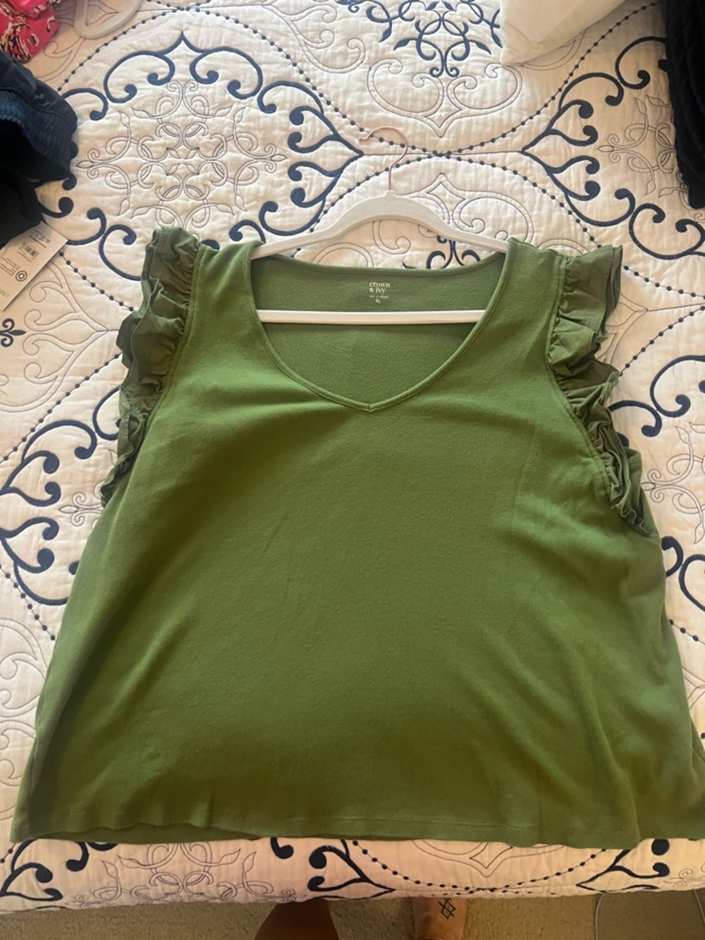 Crown & Ivy Olive Green Ruffle Sleeve Women's Top